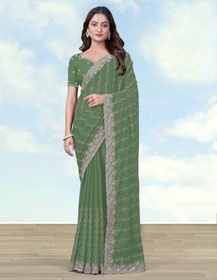 Pista georgette embroidery work saree with unstitched blouse piece 1