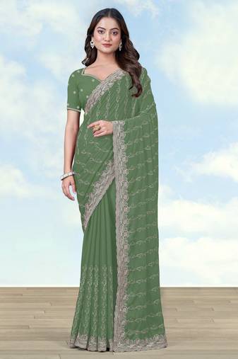 Pista georgette embroidery work saree with unstitched blouse piece