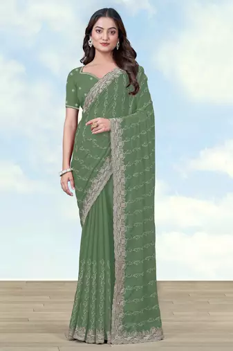 Pista georgette embroidery work saree with unstitched blouse piece