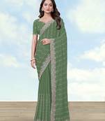 Pista georgette embroidery work saree with unstitched blouse piece