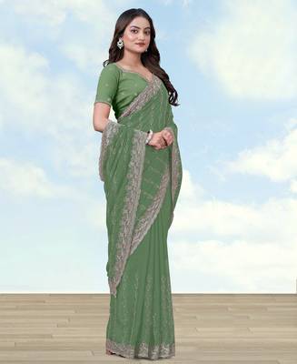 Pista georgette embroidery work saree with unstitched blouse piece 2
