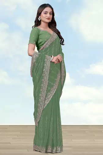 Pista georgette embroidery work saree with unstitched blouse piece