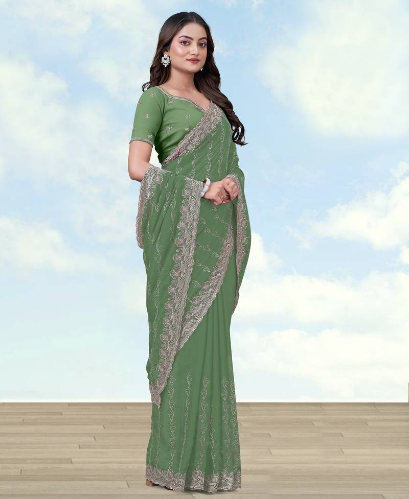 Pista georgette embroidery work saree with unstitched blouse piece