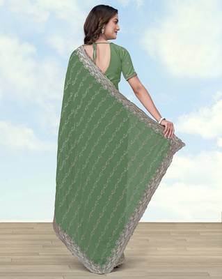 Pista georgette embroidery work saree with unstitched blouse piece 3