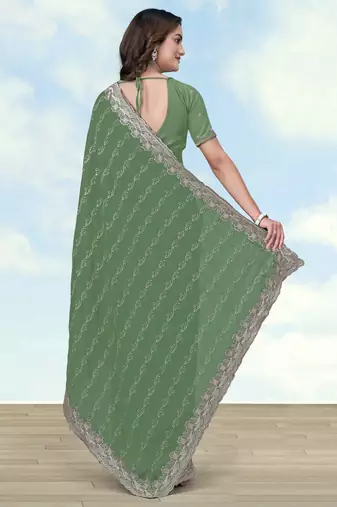 Pista georgette embroidery work saree with unstitched blouse piece