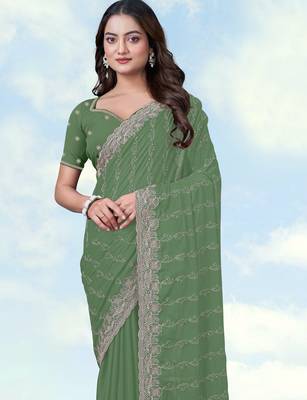 Pista georgette embroidery work saree with unstitched blouse piece 4