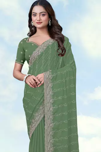 Pista georgette embroidery work saree with unstitched blouse piece