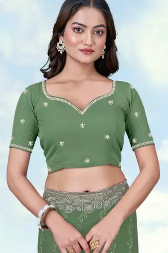 Pista georgette embroidery work saree with unstitched blouse piece
