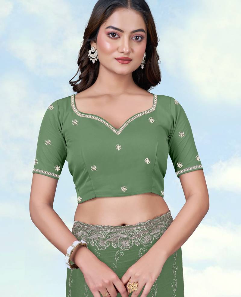 Pista georgette embroidery work saree with unstitched blouse piece
