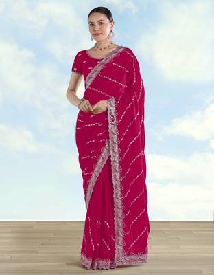 Pink georgette embroidery work saree with unstitched blouse piece 1