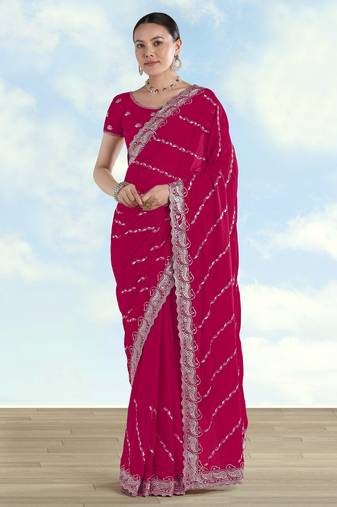 Pink georgette embroidery work saree with unstitched blouse piece