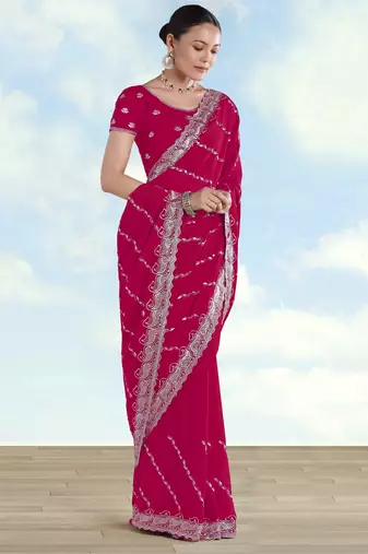Pink georgette embroidery work saree with unstitched blouse piece