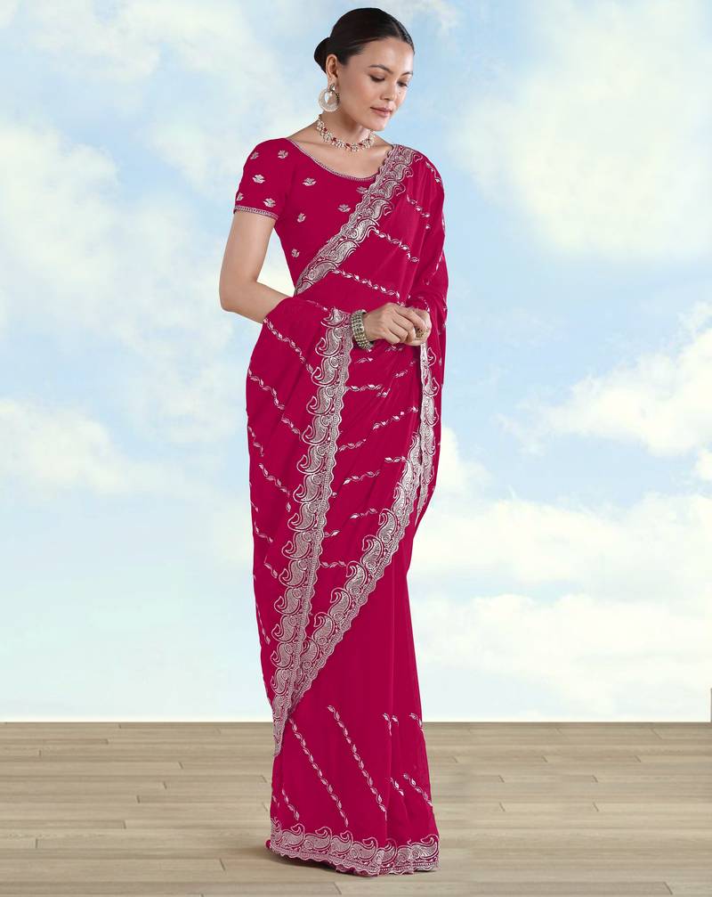 Pink georgette embroidery work saree with unstitched blouse piece