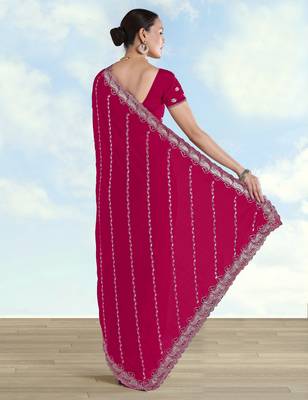 Pink georgette embroidery work saree with unstitched blouse piece 3