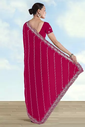 Pink georgette embroidery work saree with unstitched blouse piece