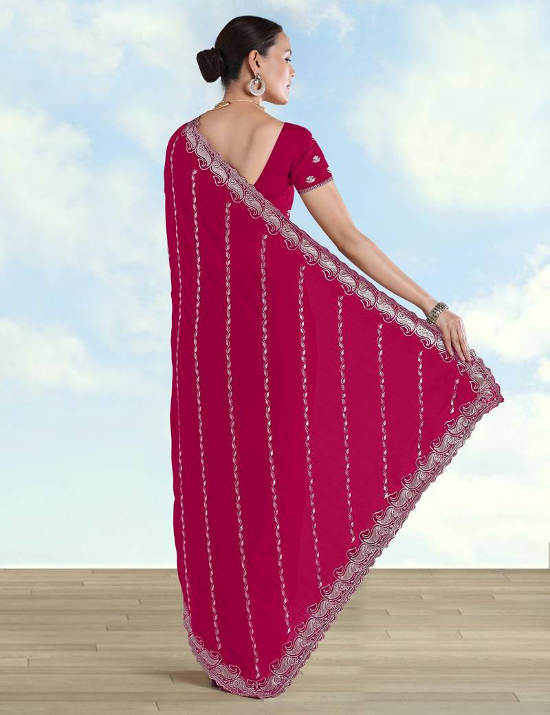 Pink georgette embroidery work saree with unstitched blouse piece