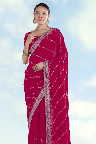 Pink georgette embroidery work saree with unstitched blouse piece