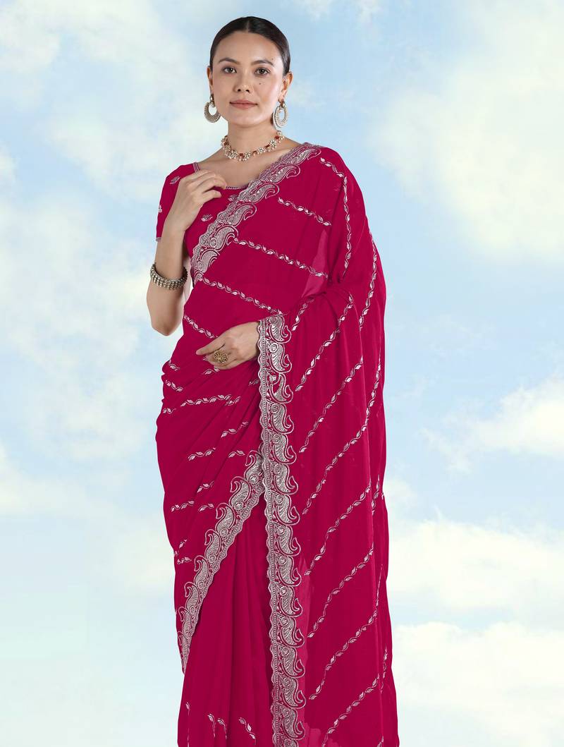 Pink georgette embroidery work saree with unstitched blouse piece