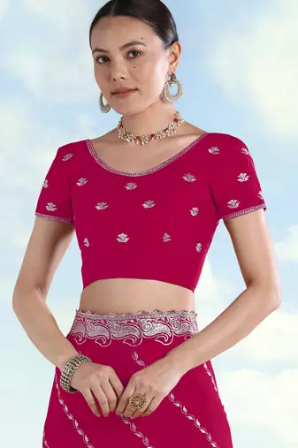 Pink georgette embroidery work saree with unstitched blouse piece