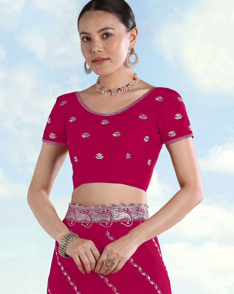Pink georgette embroidery work saree with unstitched blouse piece