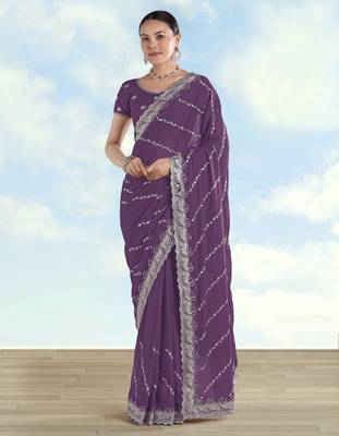Lavender georgette embroidery work saree with unstitched blouse piece 1