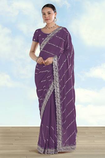 Lavender georgette embroidery work saree with unstitched blouse piece