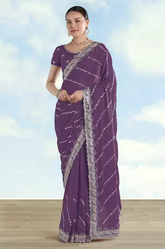 Lavender georgette embroidery work saree with unstitched blouse piece
