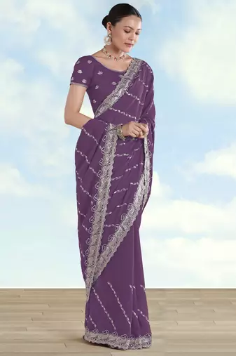 Lavender georgette embroidery work saree with unstitched blouse piece