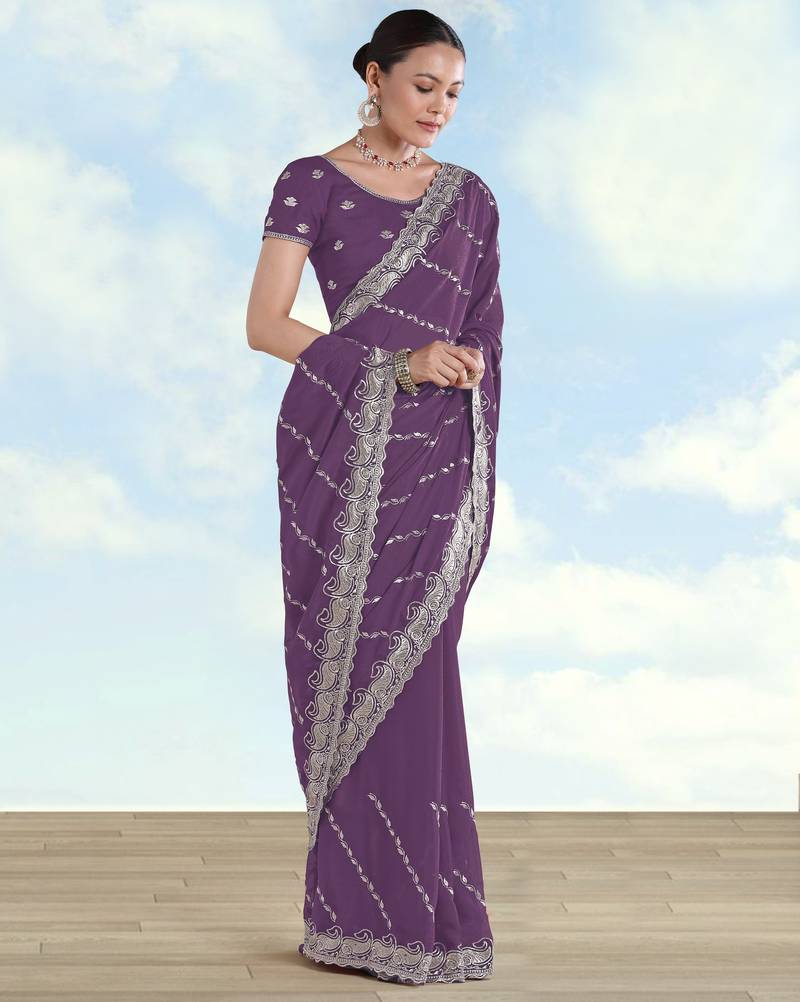Lavender georgette embroidery work saree with unstitched blouse piece