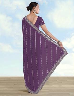 Lavender georgette embroidery work saree with unstitched blouse piece 3
