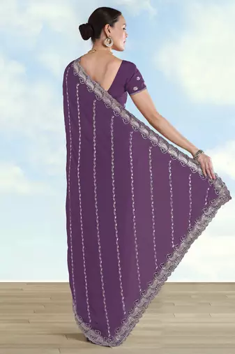 Lavender georgette embroidery work saree with unstitched blouse piece