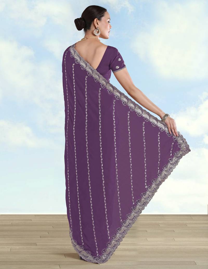 Lavender georgette embroidery work saree with unstitched blouse piece