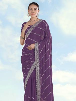 Lavender georgette embroidery work saree with unstitched blouse piece 4
