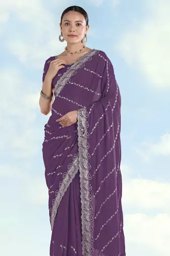 Lavender georgette embroidery work saree with unstitched blouse piece