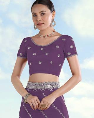Lavender georgette embroidery work saree with unstitched blouse piece 5