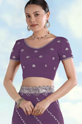 Lavender georgette embroidery work saree with unstitched blouse piece
