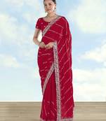 Rani pink georgette embroidery work saree with unstitched blouse piece