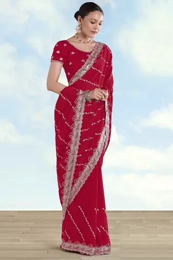 Rani pink georgette embroidery work saree with unstitched blouse piece