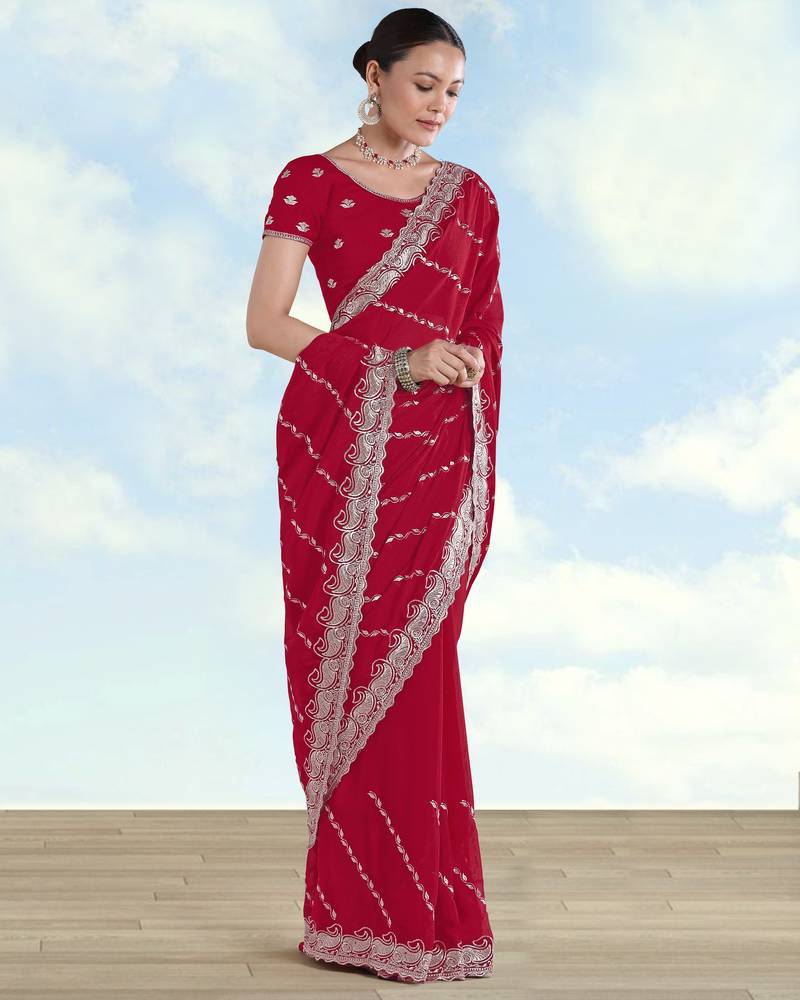 Rani pink georgette embroidery work saree with unstitched blouse piece