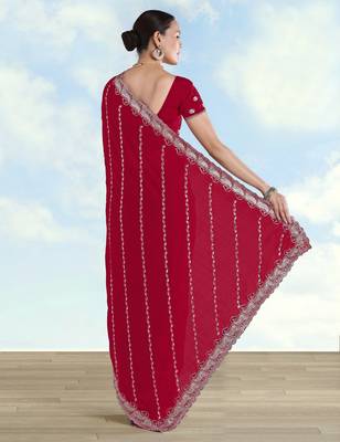 Rani pink georgette embroidery work saree with unstitched blouse piece 3