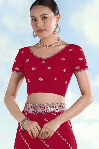 Rani pink georgette embroidery work saree with unstitched blouse piece