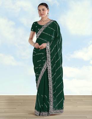 Green georgette embroidery work saree with unstitched blouse piece 1