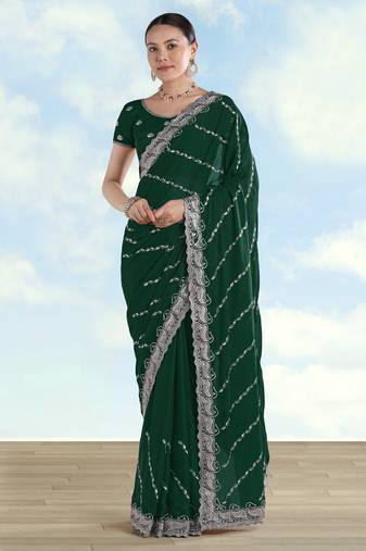 Green georgette embroidery work saree with unstitched blouse piece