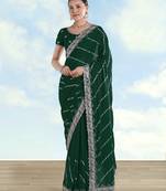 Green georgette embroidery work saree with unstitched blouse piece