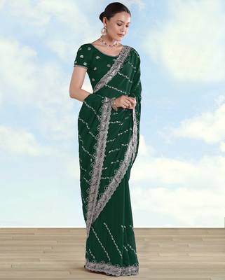 Green georgette embroidery work saree with unstitched blouse piece 2