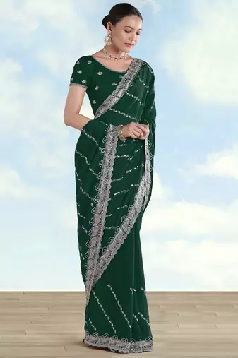 Green georgette embroidery work saree with unstitched blouse piece