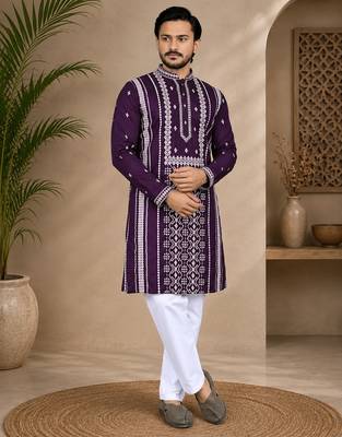 Purple color embroidery and silver sequence work silk men's kurta payjama set 2