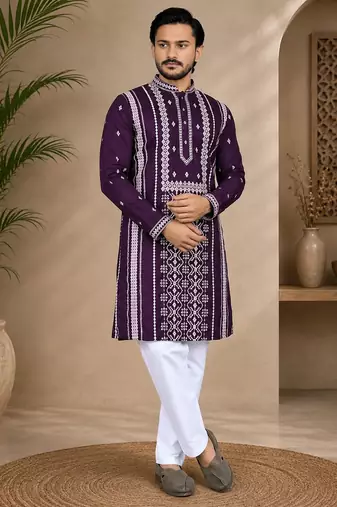 Purple color embroidery and silver sequence work silk men's kurta payjama set