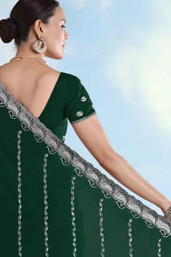Green georgette embroidery work saree with unstitched blouse piece