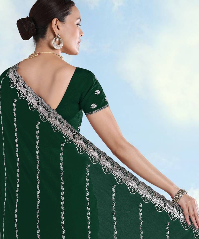 Green georgette embroidery work saree with unstitched blouse piece